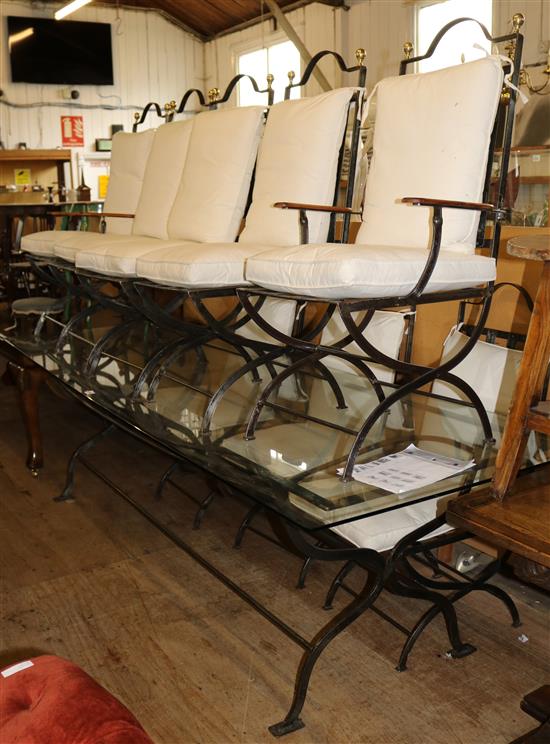 Glass top iron dining table and 8 iron chairs